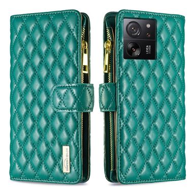Peňaženkové kožené puzdro Diamond Zipper na Xiaomi 13T / 13T Pro - Zelená