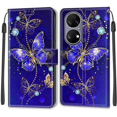 Peňaženkové kožené puzdro DRAWING na Huawei P50 - Blue Golden Chain Butterflies
