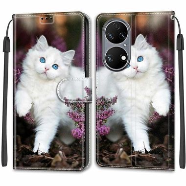 Peňaženkové kožené puzdro DRAWING na Huawei P50 - Flower Bush Big White Cat