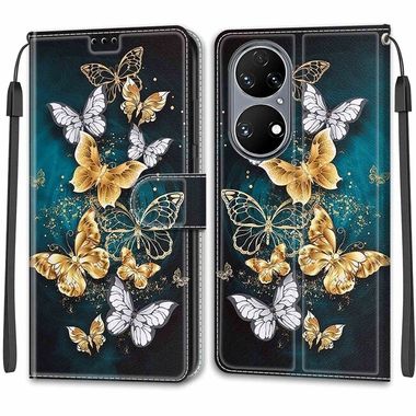 Peňaženkové kožené puzdro DRAWING na Huawei P50 - Gold Silver Flying Butterflies