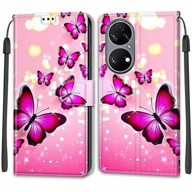 Peňaženkové kožené puzdro DRAWING na Huawei P50 - Gradient Pink Flying Butterflies