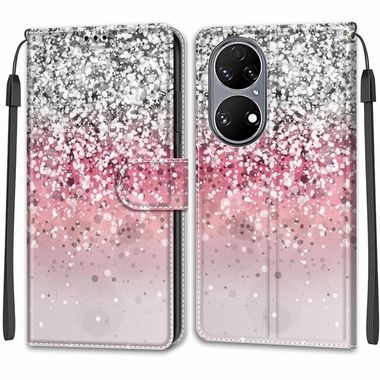 Peňaženkové kožené puzdro DRAWING na Huawei P50 - Silver Pink Glitter