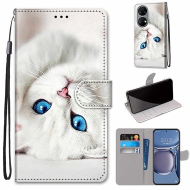 Peňaženkové kožené puzdro DRAWING na Huawei P50 - White Kitten