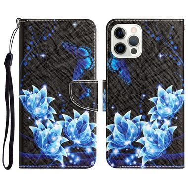 Peňaženkové kožené puzdro DRAWING na iPhone 14 Pro Max - Blue Butterfly