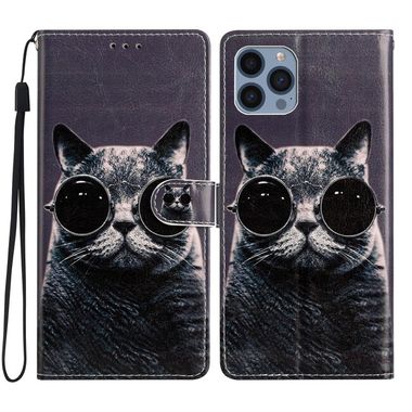 Peňaženkové kožené puzdro DRAWING na iPhone 15 Pro Max - Sunglasses Cat