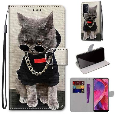 Peňaženkové kožené puzdro DRAWING na Oppo A54 5G - Golden Chain Grey Cat