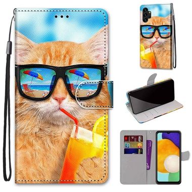 Peňaženkové kožené puzdro DRAWING na Samsung Galaxy A13 - Cat Drinking Soda