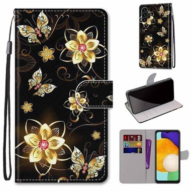 Peňaženkové kožené puzdro DRAWING na Samsung Galaxy A13 - Gold Diamond Butterfly