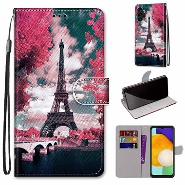 Peňaženkové kožené puzdro DRAWING na Samsung Galaxy A13 - Pink Flower Tower Bridge