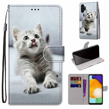 Peňaženkové kožené puzdro DRAWING na Samsung Galaxy A13 - Small Grey Cat