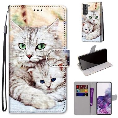 Peňaženkové kožené puzdro DRAWING na Samsung Galaxy S21 Plus 5G - Big Cat Hugging Kitten
