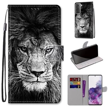 Peňaženkové kožené puzdro DRAWING na Samsung Galaxy S21 Plus 5G - Black and White Lion Head
