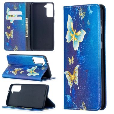 Peňaženkové kožené puzdro DRAWING na Samsung Galaxy S21 Plus 5G - Gold Butterflies