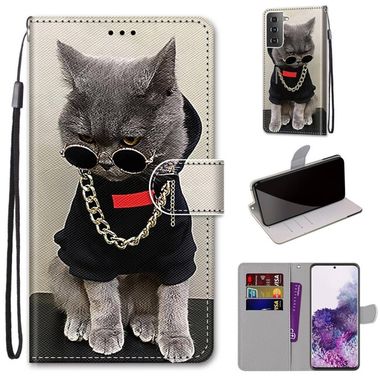 Peňaženkové kožené puzdro DRAWING na Samsung Galaxy S21 Plus 5G - Golden Chain Grey Cat