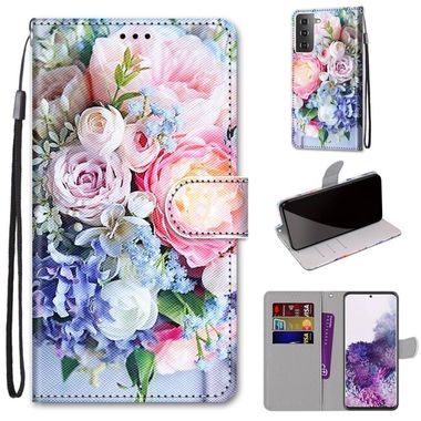 Peňaženkové kožené puzdro DRAWING na Samsung Galaxy S21 Plus 5G - Light Pink Bouquet