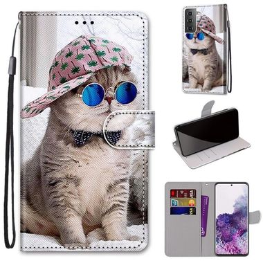 Peňaženkové kožené puzdro DRAWING na Samsung Galaxy S21 Plus 5G - Oblique Hat Blue Mirror Cat