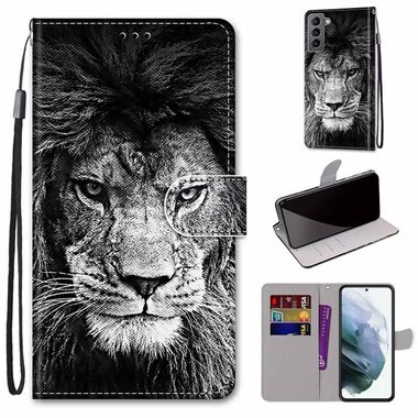 Peňaženkové kožené puzdro DRAWING na Samsung Galaxy S22 5G - Black and White Lion Head