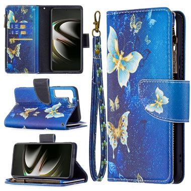 Peňaženkové kožené puzdro DRAWING na Samsung Galaxy S22 5G - Gold Butterfly