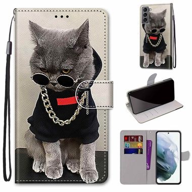 Peňaženkové kožené puzdro DRAWING na Samsung Galaxy S22 5G - Golden Chain Grey Cat