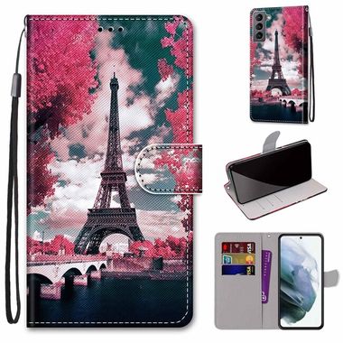Peňaženkové kožené puzdro DRAWING na Samsung Galaxy S22 5G - Pink Flower Tower Bridge