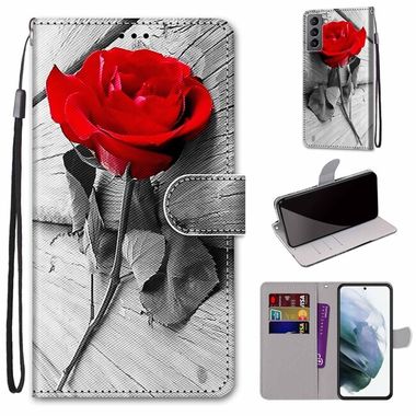 Peňaženkové kožené puzdro DRAWING na Samsung Galaxy S22 5G - Red Rose On Wooden