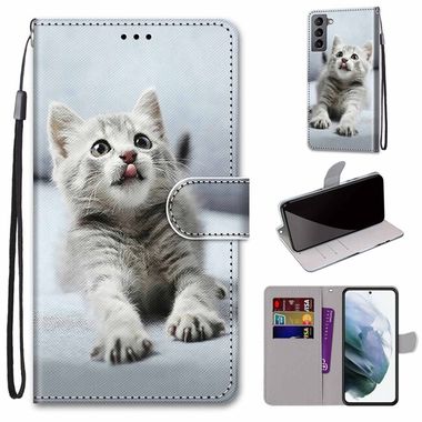 Peňaženkové kožené puzdro DRAWING na Samsung Galaxy S22 5G - Small Grey Cat