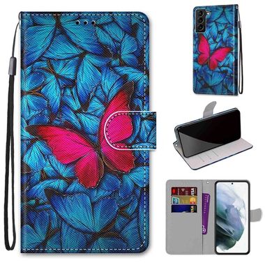 Peňaženkové kožené puzdro DRAWING na Samsung Galaxy S22 Plus 5G - Big Red Butterfly On Blue