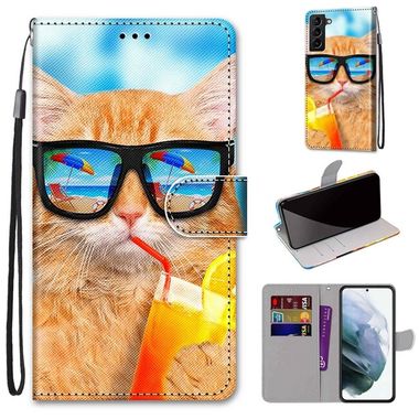 Peňaženkové kožené puzdro DRAWING na Samsung Galaxy S22 Plus 5G - Cat Drinking Soda
