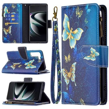 Peňaženkové kožené puzdro DRAWING na Samsung Galaxy S22 Plus 5G - Gold Butterfly