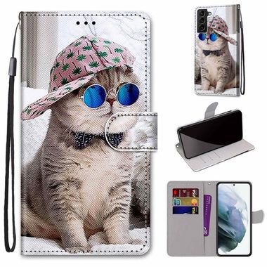 Peňaženkové kožené puzdro DRAWING na Samsung Galaxy S22 Plus 5G - Oblique Hat Blue Mirror Cat