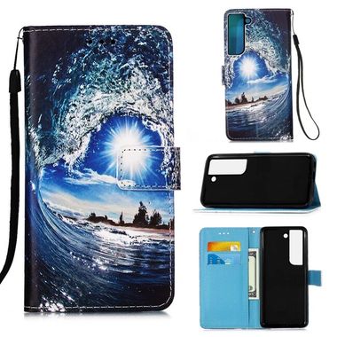 Peňaženkové kožené puzdro DRAWING na Samsung Galaxy S22 Plus 5G - Ocean Waves and Sun