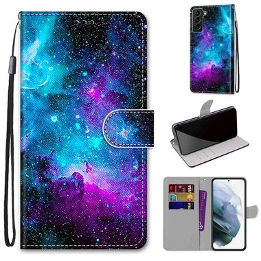 Peňaženkové kožené puzdro DRAWING na Samsung Galaxy S22 Plus 5G - Purple Green Starry Sky
