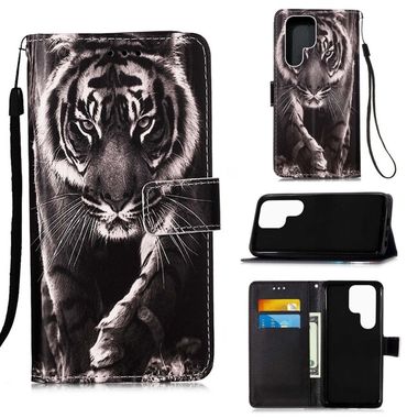 Peňaženkové kožené puzdro DRAWING na Samsung Galaxy S22 Ultra 5G - Black White Tiger