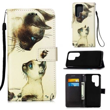 Peňaženkové kožené puzdro DRAWING na Samsung Galaxy S22 Ultra 5G - Cat Looking