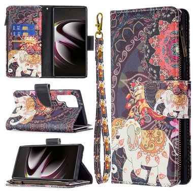Peňaženkové kožené puzdro DRAWING na Samsung Galaxy S22 Ultra 5G - Flower Elephants