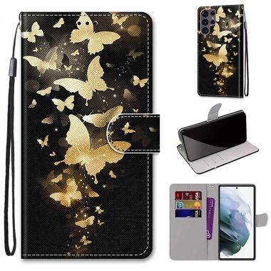 Peňaženkové kožené puzdro DRAWING na Samsung Galaxy S22 Ultra 5G - Golden Butterfly Group