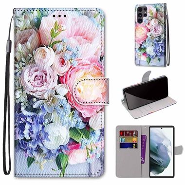 Peňaženkové kožené puzdro DRAWING na Samsung Galaxy S22 Ultra 5G - Light Pink Bouquet