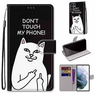Peňaženkové kožené puzdro DRAWING na Samsung Galaxy S22 Ultra 5G - Middle Finger White Cat