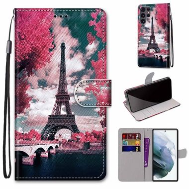Peňaženkové kožené puzdro DRAWING na Samsung Galaxy S22 Ultra 5G - Pink Flower Tower Bridge