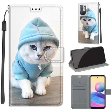 Peňaženkové kožené puzdro DRAWING na Xiaomi Redmi Note 10 5G - Blue Sweater White Cat