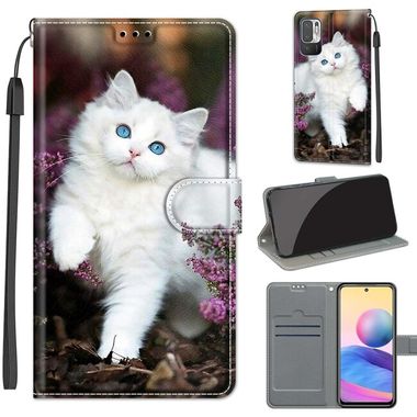 Peňaženkové kožené puzdro DRAWING na Xiaomi Redmi Note 10 5G - Flower Bush Big White Cat