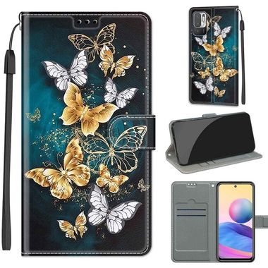Peňaženkové kožené puzdro DRAWING na Xiaomi Redmi Note 10 5G - Gold Silver Flying Butterflies