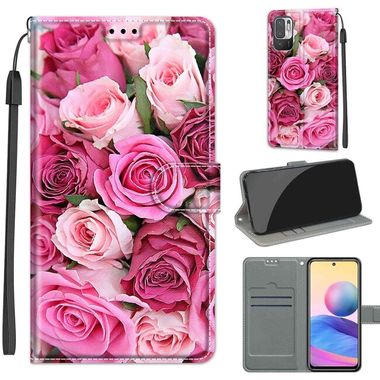 Peňaženkové kožené puzdro DRAWING na Xiaomi Redmi Note 10 5G - Green Leaf Pink Rose