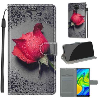 Peňaženkové kožené puzdro DRAWING na Xiaomi Redmi Note 9 - Black Water Drop Rose