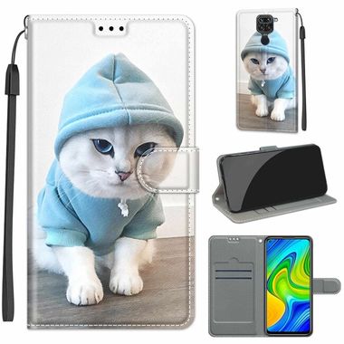 Peňaženkové kožené puzdro DRAWING na Xiaomi Redmi Note 9 - Blue Sweater White Cat