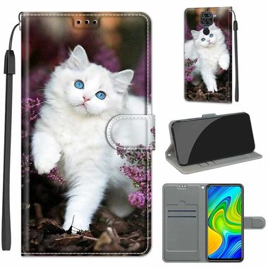 Peňaženkové kožené puzdro DRAWING na Xiaomi Redmi Note 9 - Flower Bush Big White Cat
