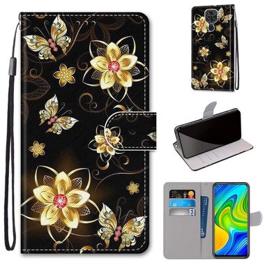 Peňaženkové kožené puzdro DRAWING na Xiaomi Redmi Note 9 - Gold Diamond Butterfly