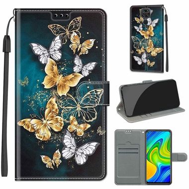Peňaženkové kožené puzdro DRAWING na Xiaomi Redmi Note 9 - Gold Silver Flying Butterflies