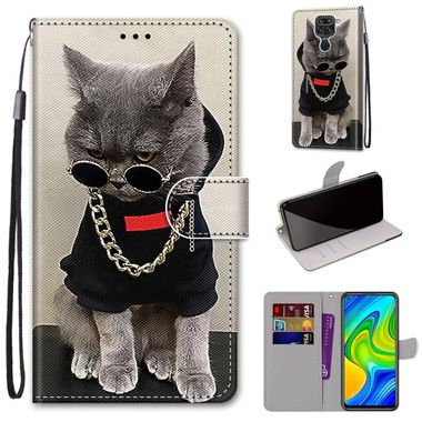 Peňaženkové kožené puzdro DRAWING na Xiaomi Redmi Note 9 - Golden Chain Grey Cat