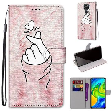 Peňaženkové kožené puzdro DRAWING na Xiaomi Redmi Note 9 - Pink Hands Heart